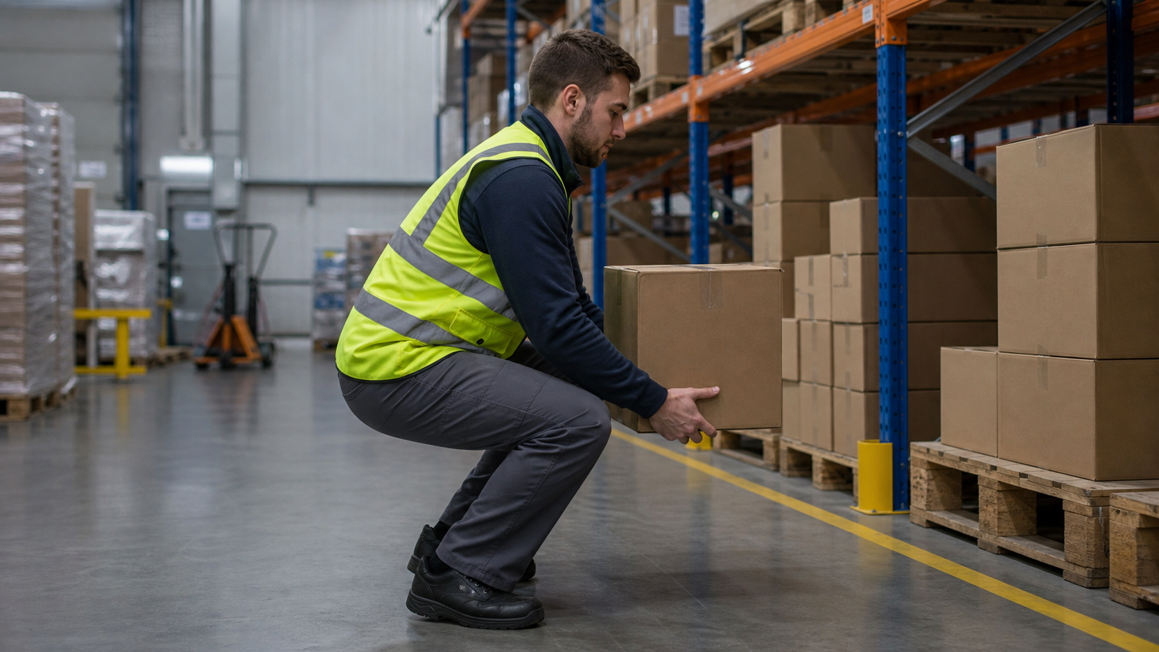 Person lifting a box correctly in a warehouse