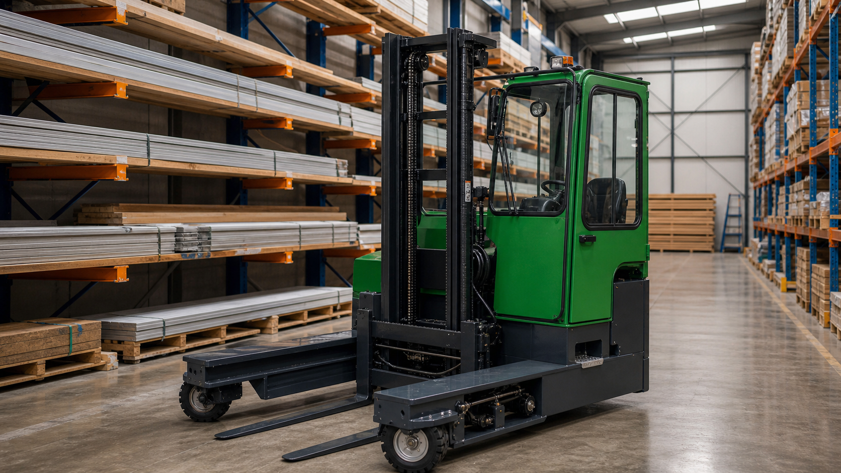 Multi-directional truck handling a long load in a warehouse aisle